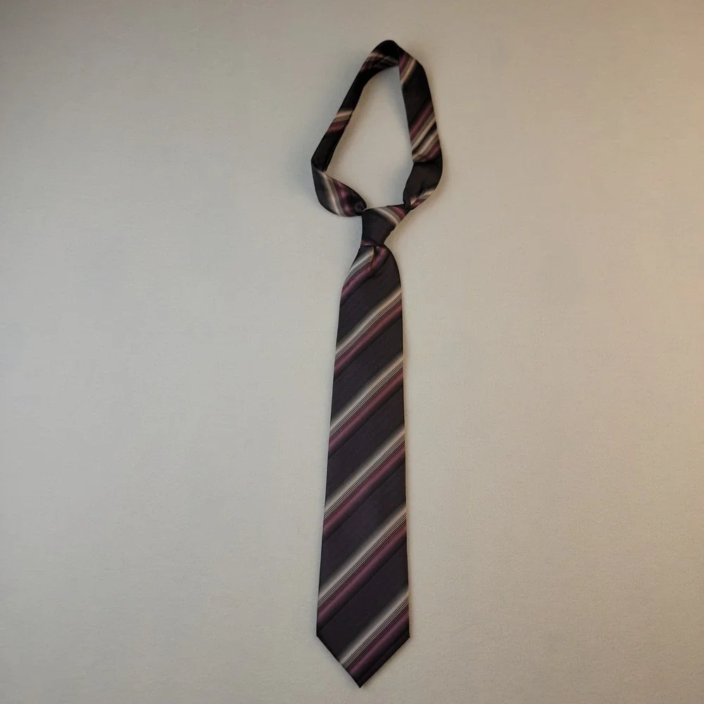 Van Heusen Mens Necktie Purple Grey Black Diagonal Striped Polyester Tie Handmad